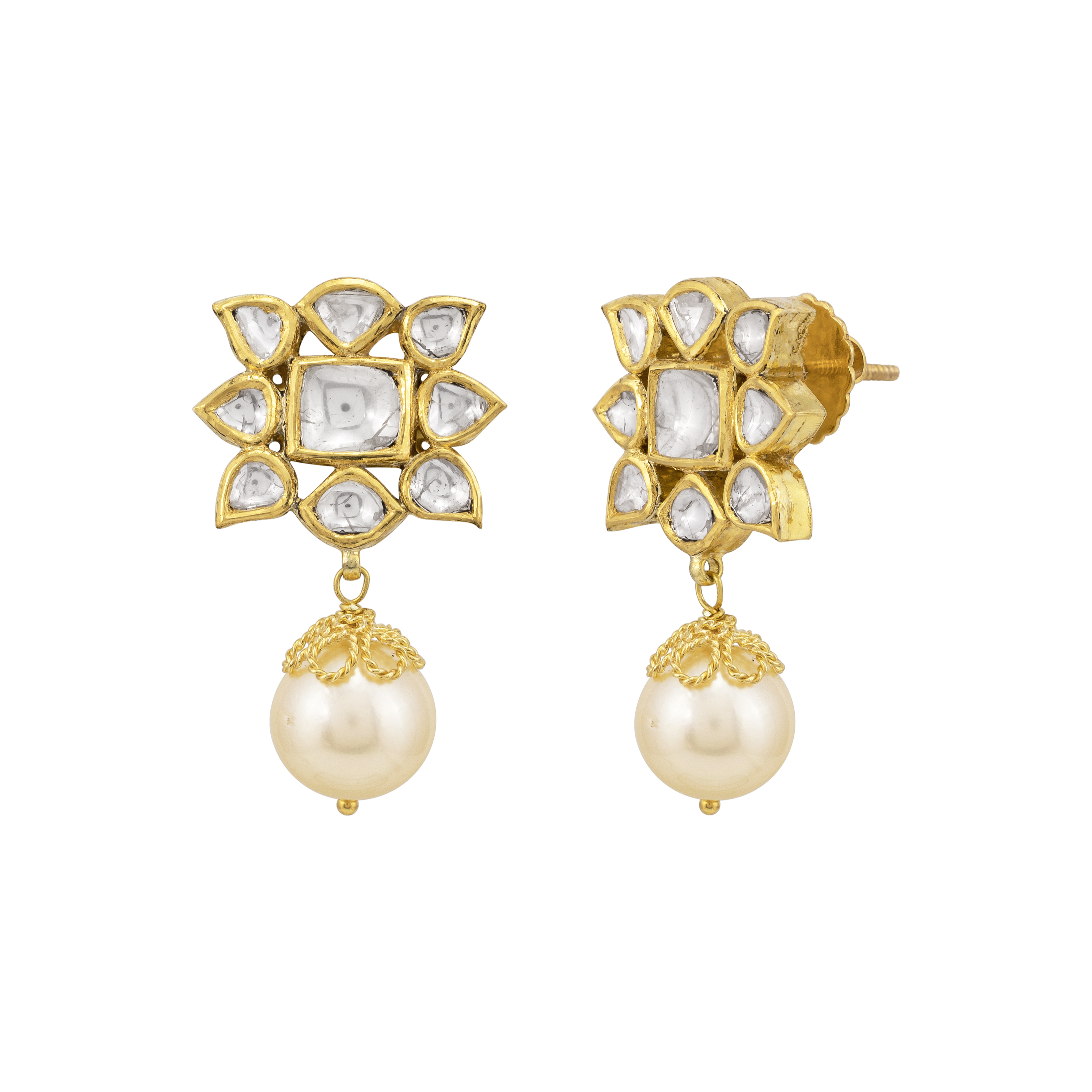 Star-Shaped Polki Earrings with Pearl Drop & Gold Detail
